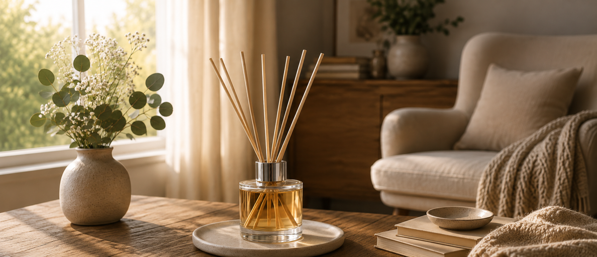 Diffuseur de parfum Rêve de Satin Adrimo Paris dans un salon chaleureux et lumineux, illustrant un guide pour choisir un diffuseur de parfum non toxique.