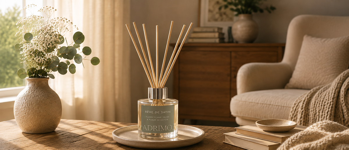 Diffuseur de parfum Étreinte Vanillée Adrimo Paris dans un intérieur élégant, utilisé comme illustration d'un article expliquant les diffuseurs de parfum à bâtonnets.