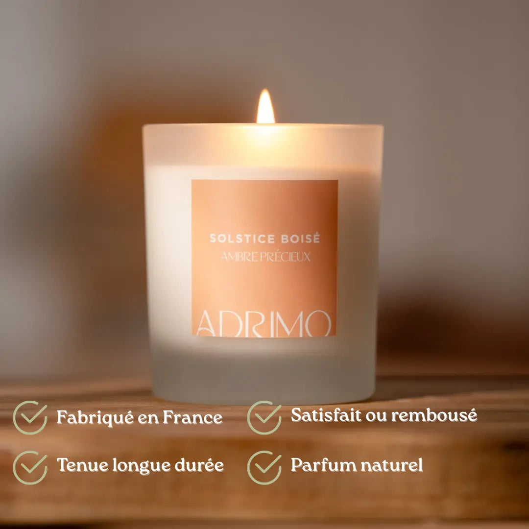 Bougie parfumée naturelle Solstice Boisé agrumes bois de santal 30cl Adrimo Paris